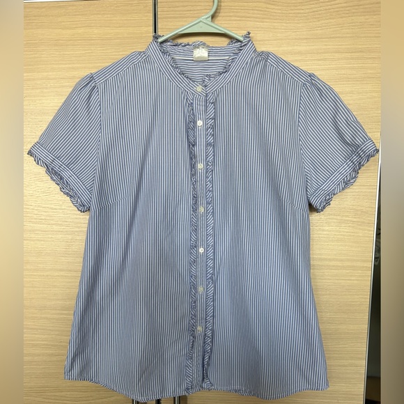 J. Crew Tops - J.Crew Short Sleeve Button-Up Shirt Ruffle Detail Size 10-Blue Stripe-Good Cdtn